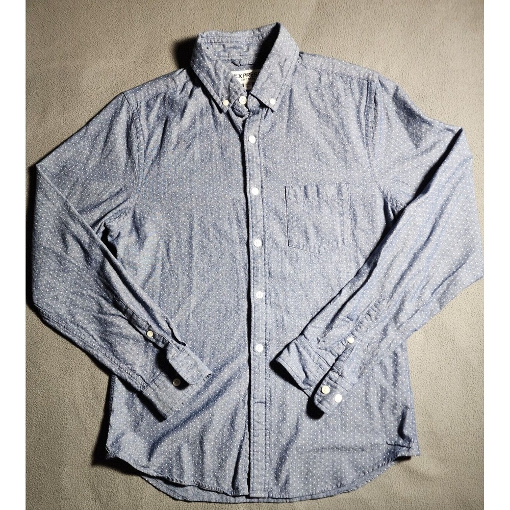 Express Shirt Mens Small Blue White Dots Long Sleeve Button Down Soft Wash